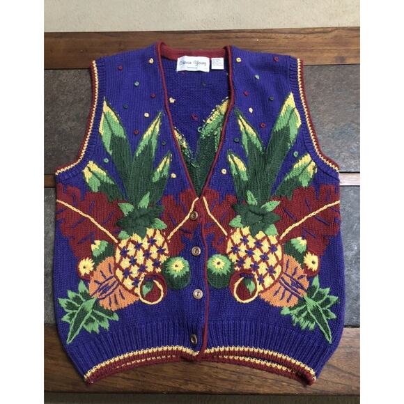 SHARON YOUNG Purple FRUIT Sweater Vest SIZE M Purple Funky Ugly - Picture 1 of 3